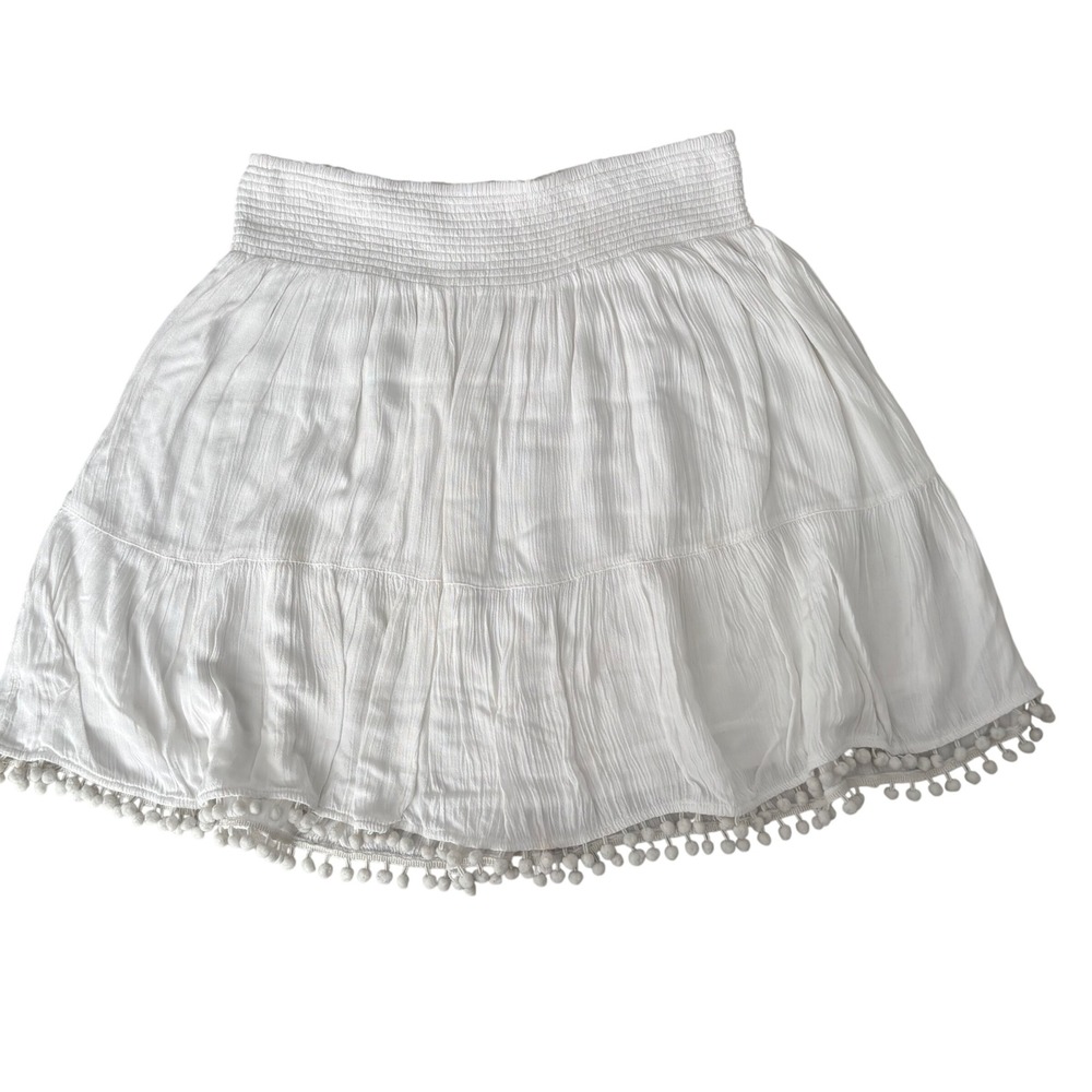 Lilly Pulitzer White Smocked Tiered Mini Skirt Pom Pom Trim Small Lightweight